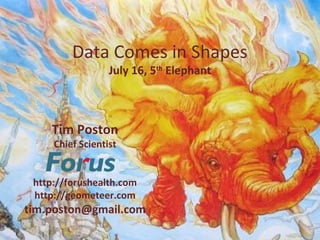 Data Comes in Shapes
July 16, 5th
Elephant
Tim Poston
Chief Scientist
http://forushealth.com
http://geometeer.com
tim.poston@gmail.com
 