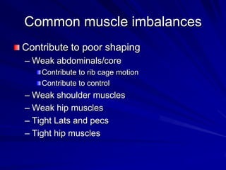 Common muscle imbalancesContribute to poor shapingWeak abdominals/core Contribute to rib cage motionContribute to controlWeak shoulder musclesWeak hip musclesTight Lats and pecsTight hip muscles