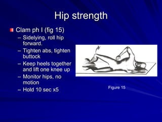 Hip strengthClam ph I (fig 15)Sidelying, roll hip forward.Tighten abs, tighten buttockKeep heels together and lift one knee upMonitor hips, no motionHold 10 sec x5Figure 15