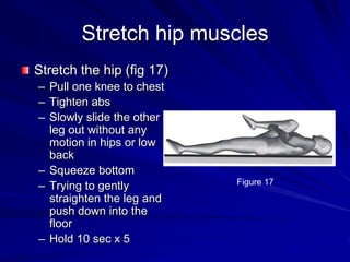 Stretch hip musclesStretch the hip (fig 17)Pull one knee to chestTighten absSlowly slide the other leg out without any motion in hips or low backSqueeze bottomTrying to gently straighten the leg and push down into the floorHold 10 sec x 5Figure 17