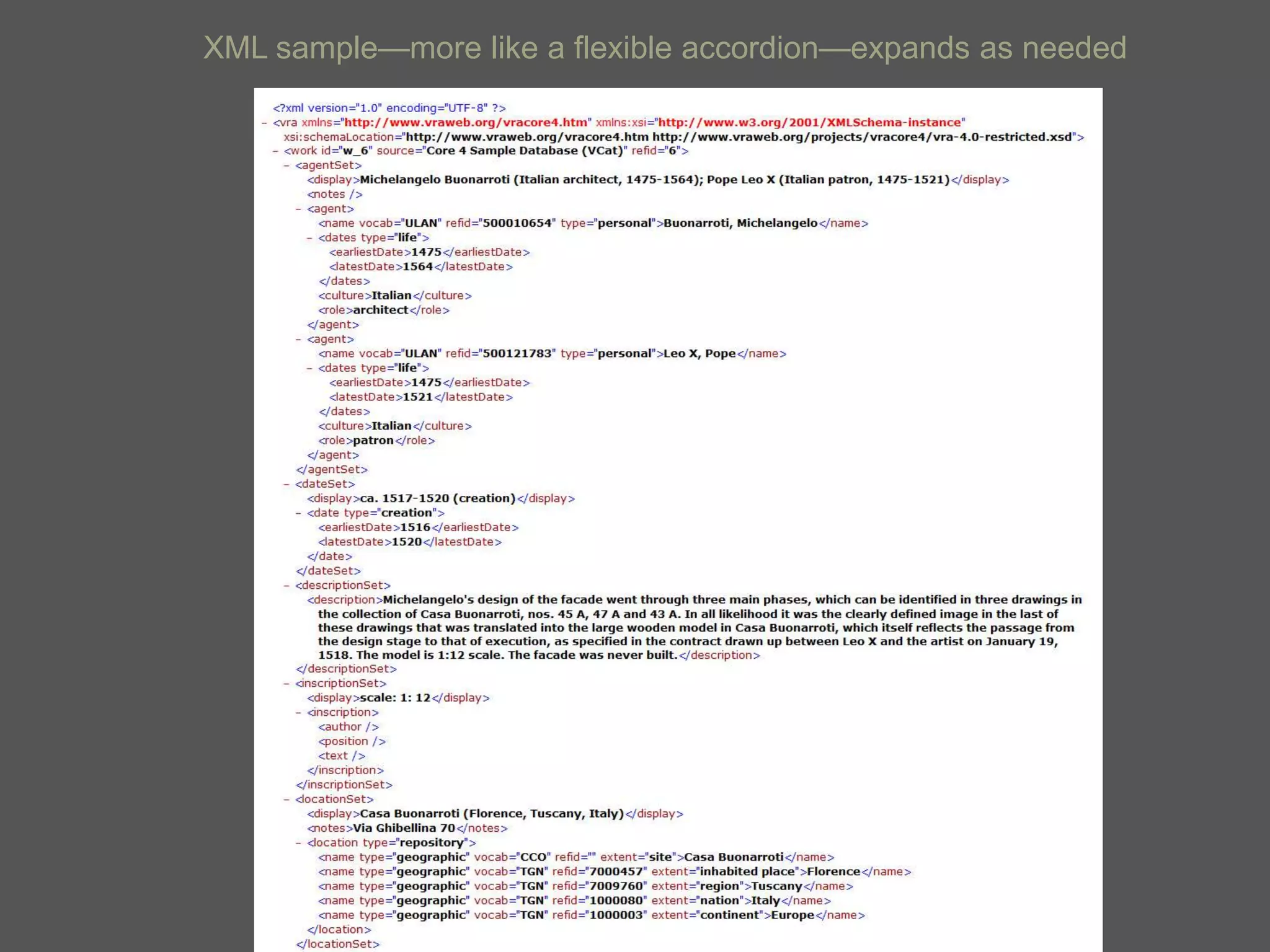 XML sample—more like a flexible accordion—expands as needed
 