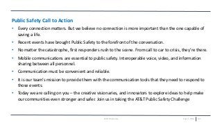 July 15, 2016 103AT&T Proprietary
Public Safety Call to Action
• Every connection matters. But we believe no connection is more important than the one capable of
saving a life.
• Recent events have brought Public Safety to the forefront of the conversation.
• No matter the catastrophe, first responders rush to the scene. From call to car to crisis, they’re there.
• Mobile communications are essential to public safety. Interoperable voice, video, and information
sharing between all personnel.
• Communication must be convenient and reliable.
• It is our team’s mission to provide them with the communication tools that they need to respond to
those events.
• Today we are calling on you – the creative visionaries, and innovators to explore ideas to help make
our communities even stronger and safer. Join us in taking the AT&T Public Safety Challenge
 