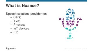 © 2015 Nuance Communications, Inc. All rights reserved. 143
Speech solutions provider for:
– Cars;
– TVs;
– Phones;
– IoT devices;
– Etc.
What is Nuance?
 