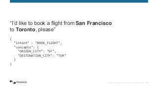 © 2015 Nuance Communications, Inc. All rights reserved. 148
“I’d like to book a flight from San Francisco
to Toronto, please”
{
"intent" : "BOOK_FLIGHT",
"concepts": {
"ORIGIN_CITY": "SF",
"DESTINATION_CITY": "TOR"
}
}
 