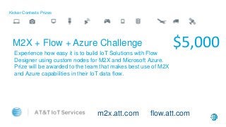 Kicker Contests Prizes
$5,000M2X + Flow + Azure Challenge
Experience how easy it is to build IoT Solutions with Flow
Designer using custom nodes for M2X and Microsoft Azure.
Prize will be awarded to the team that makes best use of M2X
and Azure capabilities in their IoT data flow.
m2x.att.com flow.att.com
 