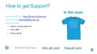 How to get Support?
Community Forum: http://forum-m2x.att.com
Email support: m2x-hack@list.att.com
M2X Public IRC:
• Server: irc.freenode.net
• Port: 6667
• Room: #m2x
In the room
m2x.att.com flow.att.com
 