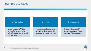 Example Use Cases
© 2016 AT&T Intellectual Property. All rights reserved. AT&T and the AT&T logo are trademarks of AT&T Intellectual Property.
AT&T Proprietary (Internal Use Only) Not for use or disclosure outside the AT&T companies except under written agreement.
69
In App Calling
• Integrate Audio/Video
calling features in your
WordPress App, e.g. Local
Soccer Team Hub
Gaming
• Integrate conferencing to
allow friends to strategize
on team/campaign games
Tech Support
• Embed “Click to call”
button to provide Video
chat with Tech support
 