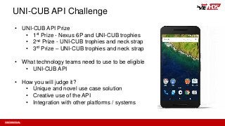 UNI-CUB API Challenge
• UNI-CUB API Prize
• 1st Prize - Nexus 6P and UNI-CUB trophies
• 2nd Prize - UNI-CUB trophies and neck strap
• 3rd Prize – UNI-CUB trophies and neck strap
• What technology teams need to use to be eligible
• UNI-CUB API
• How you will judge it?
• Unique and novel use case solution
• Creative use of the API
• Integration with other platforms / systems
 