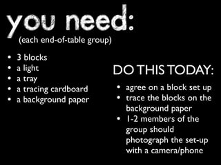 you need:
    (each end-of-table group)

•   3 blocks
•   a light                     DO THIS TODAY:
•   a tray
•   a tracing cardboard         • agree on a block set up
•   a background paper          • trace the blocks on the
                                    background paper
                                •   1-2 members of the
                                    group should
                                    photograph the set-up
                                    with a camera/phone
 