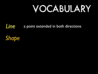 VOCABULARY 
Line 
Shape 
a point extended in both directions 
 