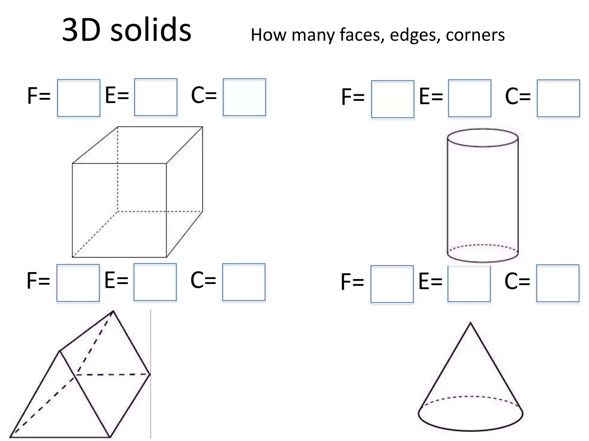 Count the corners (vertices)
Studyladder: you will need to type in teacher user name and password, click on Tasks
and select from tasks)
 