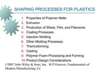 ©2007 John Wiley & Sons, Inc. M P Groover, Fundamentals of
Modern Manufacturing 3/e
SHAPING PROCESSES FOR PLASTICS
1. Properties of Polymer Melts
2. Extrusion
3. Production of Sheet, Film, and Filaments
4. Coating Processes
5. Injection Molding
6. Other Molding Processes
7. Thermoforming
8. Casting
9. Polymer Foam Processing and Forming
10.Product Design Considerations
 