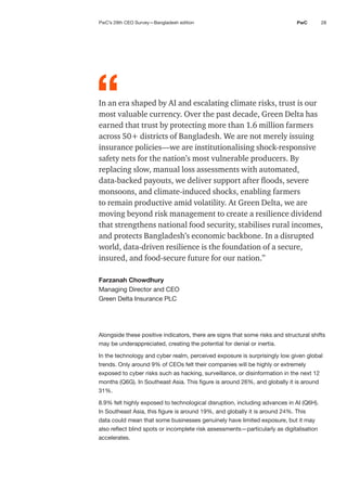 28
PwC
In an era shaped by AI and escalating climate risks, trust is our
most valuable currency. Over the past decade, Green Delta has
earned that trust by protecting more than 1.6 million farmers
across 50+ districts of Bangladesh. We are not merely issuing
insurance policies—we are institutionalising shock-responsive
safety nets for the nation’s most vulnerable producers. By
replacing slow, manual loss assessments with automated,
data-backed payouts, we deliver support after floods, severe
monsoons, and climate-induced shocks, enabling farmers
to remain productive amid volatility. At Green Delta, we are
moving beyond risk management to create a resilience dividend
that strengthens national food security, stabilises rural incomes,
and protects Bangladesh’s economic backbone. In a disrupted
world, data-driven resilience is the foundation of a secure,
insured, and food-secure future for our nation.”
Farzanah Chowdhury
Managing Director and CEO
Green Delta Insurance PLC
Alongside these positive indicators, there are signs that some risks and structural shifts
may be underappreciated, creating the potential for denial or inertia.
In the technology and cyber realm, perceived exposure is surprisingly low given global
trends. Only around 9% of CEOs felt their companies will be highly or extremely
exposed to cyber risks such as hacking, surveillance, or disinformation in the next 12
months (Q6G). In Southeast Asia. This figure is around 26%, and globally it is around
31%.
8.9% felt highly exposed to technological disruption, including advances in AI (Q6H).
In Southeast Asia, this figure is around 19%, and globally it is around 24%. This
data could mean that some businesses genuinely have limited exposure, but it may
also reflect blind spots or incomplete risk assessments—particularly as digitalisation
accelerates.
“
PwC’s 29th CEO Survey—Bangladesh edition
 