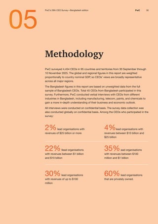30
PwC
PwC’s 29th Annual Global CEO Survey: India perspective I 03 AI at enterprise scale 30
PwC
PwC
Methodology
PwC surveyed 4,454 CEOs in 95 countries and territories from 30 September through
10 November 2025. The global and regional figures in this report are weighted
proportionally to country nominal GDP, so CEOs’ views are broadly representative
across all major regions.
The Bangladesh figures in this report are based on unweighted data from the full
sample of Bangladesh CEOs. Total 45 CEOs from Bangladesh participated in this
survey. Furthermore, PwC conducted verbal interviews with CEOs from different
industries in Bangladesh, including manufacturing, telecom, paints, and chemicals to
gain a more in-depth understanding of their business and economic outlook.
All interviews were conducted on confidential basis. The survey data collection was
also conducted globally on confidential basis. Among the CEOs who participated in the
survey:
2%lead organisations with
revenues of $25 billion or more
4%lead organisations with
revenues between $10 billion and
$25 billion
22%llead organisations ead organisations
with revenues between $1 billion with r
35%
evenues between $100
and $10 billion million and $1 billion
30%lead organisations
with revenues of up to $100
60%lead organisations
that are privately owned.
million
05
PwC’s 29th CEO Survey—Bangladesh edition 30
PwC
 