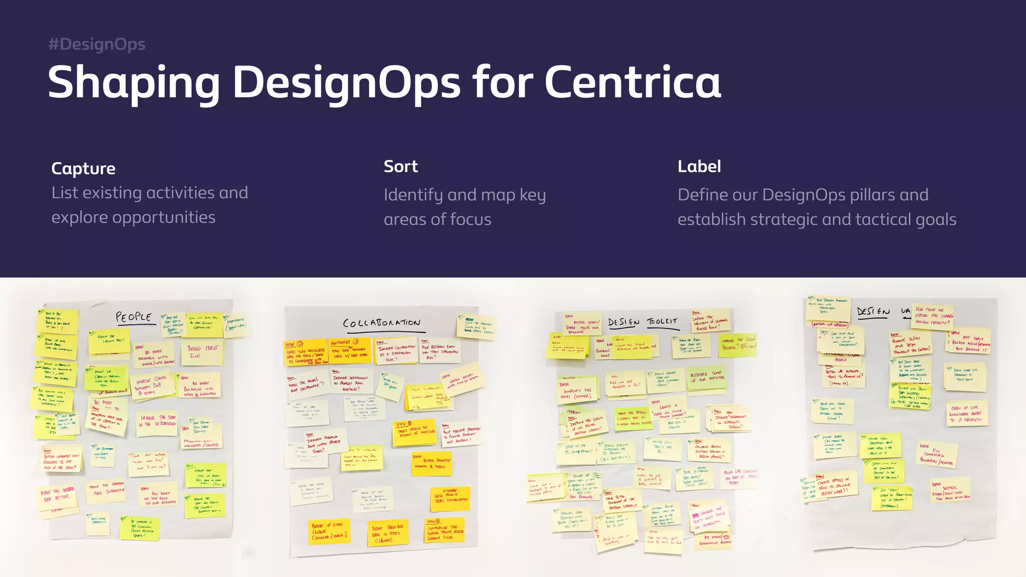 @mgottschalk30 @PtitBenDesignOps at Centrica
Shaping DesignOps for Centrica
Capture
List existing activities and
explore opportunities
Sort
Identify and map key
areas of focus
#DesignOps
Label
Deﬁne our DesignOps pillars and
establish strategic and tactical goals
 