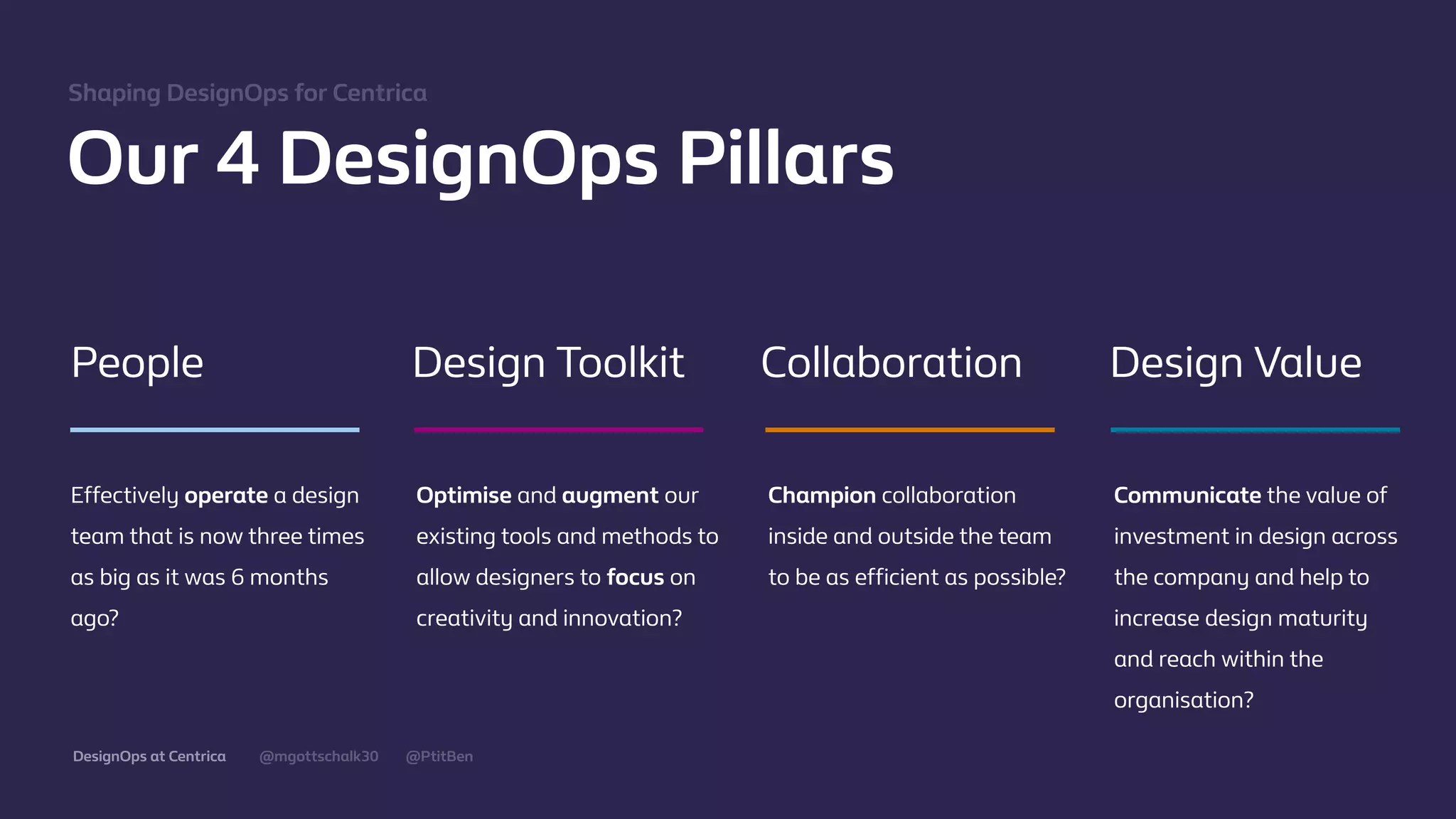 @mgottschalk30 @PtitBenDesignOps at Centrica
Our 4 DesignOps Pillars
Eﬀectively operate a design
team that is now three times
as big as it was 6 months
ago?
Optimise and augment our
existing tools and methods to
allow designers to focus on
creativity and innovation?
Champion collaboration
inside and outside the team
to be as eﬃcient as possible?
Communicate the value of
investment in design across
the company and help to
increase design maturity
and reach within the
organisation?
Shaping DesignOps for Centrica
People Design Toolkit Collaboration Design Value
 