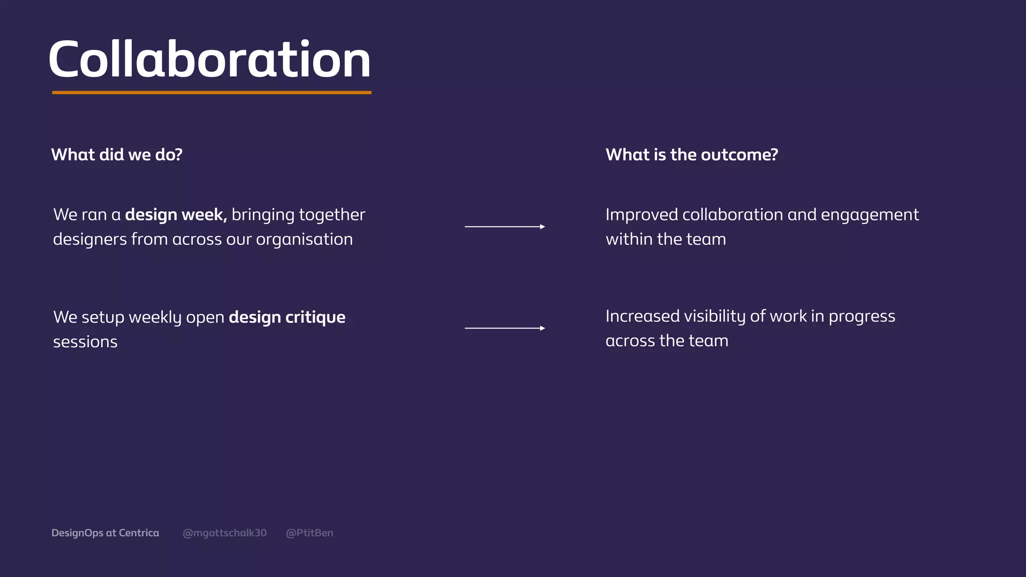 @mgottschalk30 @PtitBenDesignOps at Centrica
We ran a design week, bringing together
designers from across our organisation
Improved collaboration and engagement
within the team
What did we do? What is the outcome?
We setup weekly open design critique
sessions
Increased visibility of work in progress
across the team
Collaboration
 