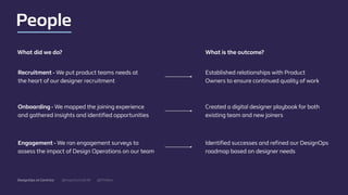 @mgottschalk30 @PtitBenDesignOps at Centrica
People
Recruitment - We put product teams needs at
the heart of our designer recruitment
Established relationships with Product
Owners to ensure continued quality of work
What did we do? What is the outcome?
Onboarding - We mapped the joining experience
and gathered insights and identiﬁed opportunities
Created a digital designer playbook for both
existing team and new joiners
Engagement - We ran engagement surveys to
assess the impact of Design Operations on our team
Identiﬁed successes and reﬁned our DesignOps
roadmap based on designer needs
 