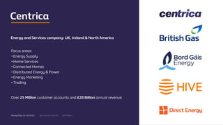 @mgottschalk30 @PtitBenDesignOps at Centrica
Centrica
Energy and Services company: UK, Ireland & North America
Focus areas:
•Energy Supply
•Home Services
•Connected Homes
•Distributed Energy & Power
•Energy Marketing
•Trading
Over 25 Million customer accounts and £28 Billion annual revenue
 