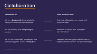 @mgottschalk30 @PtitBenDesignOps at Centrica
What did we do? What is the outcome?
We focused on improving the openness and
transparency of the existing team culture
Designers feel safer giving/receiving feedback
enabling more exploration and experimentation
We ran a design week, bringing together
designers from across our organisation
Improved collaboration and engagement
within the team
We setup weekly open design critique
sessions
Increased visibility of work in progress
across the team
Collaboration
 