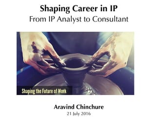 Shaping Career in IP
From IP Analyst to Consultant
Aravind Chinchure
21 July 2016
 
