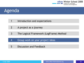 Agenda 2 A project as a journey 1 Introduction and expectations 3 The Logical Framework (LogFrame) Method 4  Group work on your project ideas 5 Discussion and Feedback 