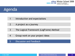 Agenda 2 A project as a journey 1 Introduction and expectations 3 The Logical Framework (LogFrame) Method 4  Group work on your project ideas 5 Discussion and Feedback 