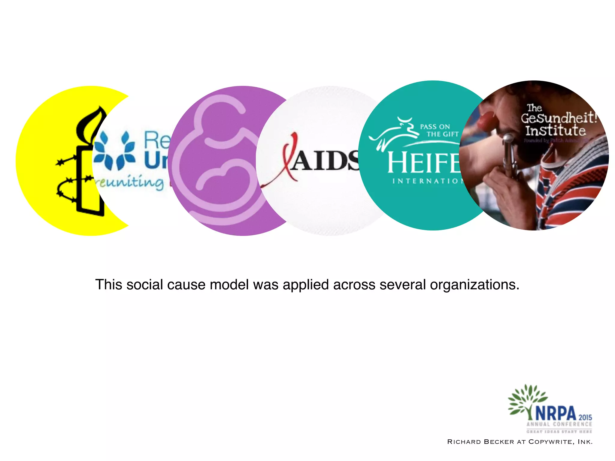 This social cause model was applied across several organizations.
Richard Becker at Copywrite, Ink.
 