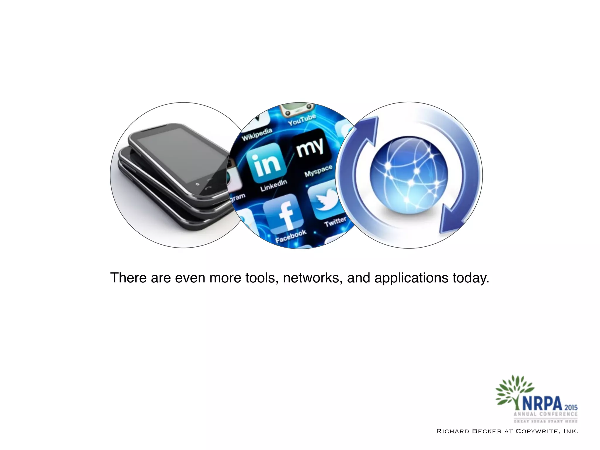 There are even more tools, networks, and applications today.
Richard Becker at Copywrite, Ink.
 