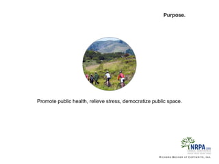 Promote public health, relieve stress, democratize public space.
Richard Becker at Copywrite, Ink.
Purpose.
 