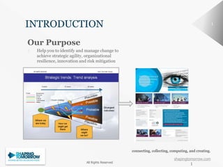shapingtomorrow.com
11
INTRODUCTION
Our Purpose
⮚ Help you to identify and manage change to
achieve strategic agility, organizational
resilience, innovation and risk mitigation
All Rights Reserved
1
connecting, collecting, computing, and creating.
 