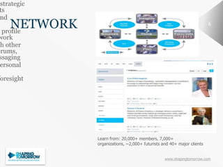 www.shapingtomorrow.com
6NETWORK
strategic
ts
nd
profile
work
th other
orums,
ssaging
ersonal
foresight
Learn from: 20,000+ members, 7,000+
organizations, ~2,000+ futurists and 40+ major clients
 