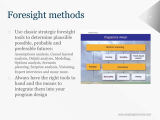www.shapingtomorrow.com
7Foresight methods
⮚ Use classic strategic foresight
tools to determine plausible
possible, probable and
preferable futures:
Assumptions analysis, Causal layered
analysis, Delphi analysis, Modeling,
Options analysis, Scenario
planning, Surprise analysis, Visioning,
Expert interviews and many more.
⮚ Always have the right tools to
hand and the means to
integrate them into your
program design
 
