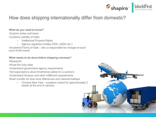 What do you need to know?
•Custom duties and taxes
•Customs visibility of trade
– Intellectual Property Rights
– Agency regulatory bodies (FDA, USDA etc.)
•Incoterms/Terms of Sale – who is responsible for charges at each
point of the transit
What needs to be done before shipping overseas?
•Research!
•Know the duty rates
•Understand government agency requirements
•Set expectations about timeframes (allow for a cushion)
•Understand Amazon and other fulfillment requirements
•Build a buffer for time zone differences and national holidays
– Chinese New Year – suppliers closed for approximately 2
weeks at the end of January
How does shipping internationally differ from domestic?
 