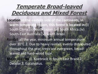 Temperate Broad-leaved
Deciduous and Mixed Forest
:Location:In the eastern side of the continents, in
warm temperate region, this forest is located in:(i)
South China.(ii) South Japan.(iii) South Africa.(iv)
South-East Australia.(v) South Brazil.
Rainfall:all the year, minimum annual temperature
over 10°C.2. Due to heavy rainfall, evenly distributed
throughout the year, trees are evergreen, broad-
leaved and hard-wood type.
.Major Species:1. Koebrack in South-East Brazil.2.
Deodar.3. Eucalyptus.
 