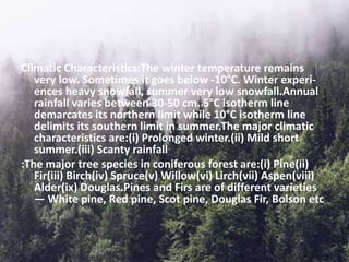 Climatic Characteristics:The winter temperature remains
very low. Sometimes it goes below -10°C. Winter experi-
ences heavy snowfall, summer very low snowfall.Annual
rainfall varies between 30-50 cm. 5°C isotherm line
demarcates its northern limit while 10°C isotherm line
delimits its southern limit in summer.The major climatic
characteristics are:(i) Prolonged winter.(ii) Mild short
summer.(iii) Scanty rainfall
:The major tree species in coniferous forest are:(i) Pine(ii)
Fir(iii) Birch(iv) Spruce(v) Willow(vi) Lirch(vii) Aspen(viii)
Alder(ix) Douglas.Pines and Firs are of different varieties
— White pine, Red pine, Scot pine, Douglas Fir, Bolson etc
 