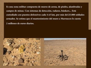 Es una zona militar compuesta de muros de arena, de piedra, alambradas y
campos de minas. Con sistemas de detección, radares, búnkers... Está
custodiado con puestos defensivos cada 4 o5 km, por más de125.000 soldados
armados. Se estima que el mantenimiento del muro a Marruecos le cuesta
2 millones de euros diarios.
 