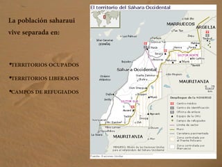 La población saharaui
vive separada en:
•TERRITORIOS OCUPADOS
•TERRITORIOS LIBERADOS
•CAMPOS DE REFUGIADOS
 