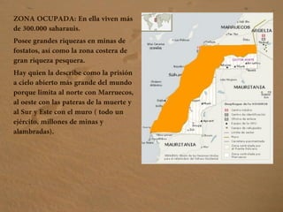 ZONA OCUPADA: En ella viven más
de 300.000 saharauis.
Posee grandes riquezas en minas de
fostatos, así como la zona costera de
gran riqueza pesquera.
Hay quien la describe como la prisión
a cielo abierto más grande del mundo
porque limita al norte con Marruecos,
al oeste con las pateras de la muerte y
al Sur y Este con el muro ( todo un
ejército, millones de minas y
alambradas).
 