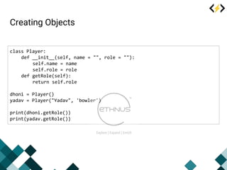 Creating Objects
class Player:
def __init__(self, name = "", role = ""):
self.name = name
self.role = role
def getRole(sel...