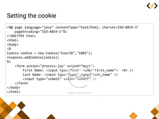 Setting the cookie
<%@ page language="java" contentType="text/html; charset=ISO-8859-1"
pageEncoding="ISO-8859-1"%>
<!DOCT...