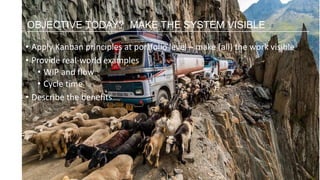 • Apply Kanban principles at portfolio level – make (all) the work visible
• Provide real-world examples
• WIP and flow
• Cycle time
• Describe the benefits
OBJECTIVE TODAY? MAKE THE SYSTEM VISIBLE
 