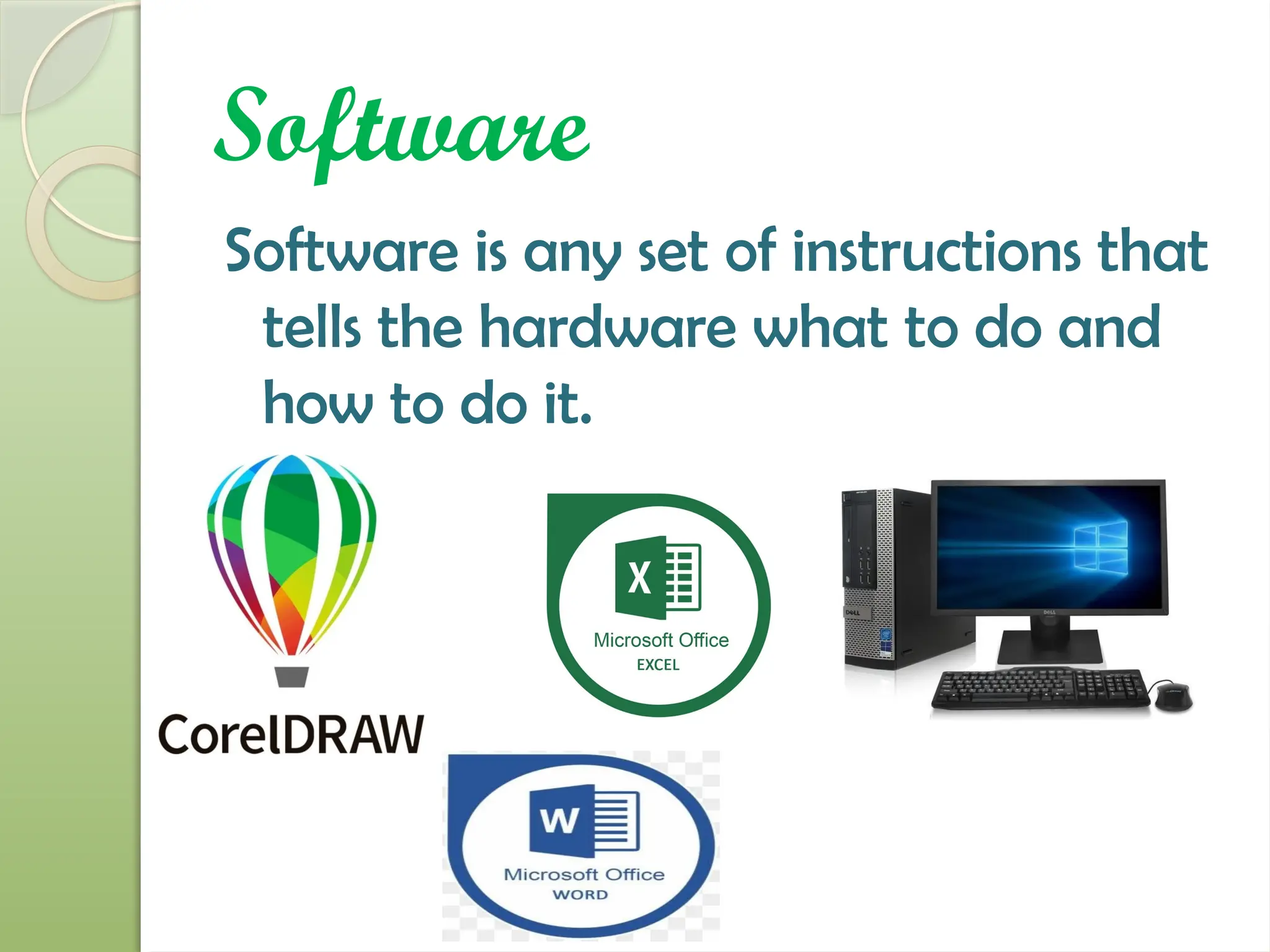 Software
Software is any set of instructions that
tells the hardware what to do and
how to do it.
 