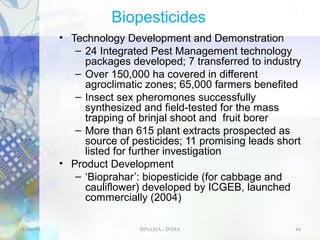 Biopesticides
• Technology Development and Demonstration
– 24 Integrated Pest Management technology
packages developed; 7 transferred to industry
– Over 150,000 ha covered in different
agroclimatic zones; 65,000 farmers benefited
– Insect sex pheromones successfully
synthesized and field-tested for the mass
trapping of brinjal shoot and fruit borer
– More than 615 plant extracts prospected as
source of pesticides; 11 promising leads short
listed for further investigation
• Product Development
– ‘Bioprahar’: biopesticide (for cabbage and
cauliflower) developed by ICGEB, launched
commercially (2004)
24-Jan-06

BINASIA - INDIA

44

 