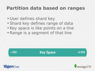 Partition data based on ranges

•   User defines shard key
•   Shard key defines range of data
•   Key space is like points on a line
•   Range is a segment of that line
 