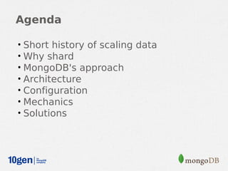 Agenda

•   Short history of scaling data
•   Why shard
•   MongoDB's approach
•   Architecture
•   Configuration
•   Mechanics
•   Solutions
 