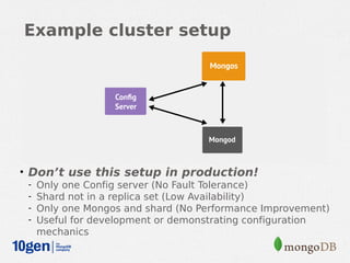 Example cluster setup




• Don’t use this setup in production!
  - Only one Config server (No Fault Tolerance)
  - Shard not in a replica set (Low Availability)
  - Only one Mongos and shard (No Performance Improvement)
  - Useful for development or demonstrating configuration
    mechanics
 
