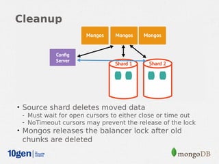 Cleanup




• Source shard deletes moved data
  - Must wait for open cursors to either close or time out
  - NoTimeout cursors may prevent the release of the lock
• Mongos releases the balancer lock after old
 chunks are deleted
 