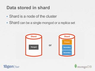 Data stored in shard
• Shard is a node of the cluster
• Shard can be a single mongod or a replica set
 