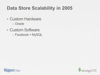 Data Store Scalability in 2005

• Custom Hardware
  – Oracle

• Custom Software
  – Facebook + MySQL
 